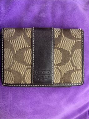 Coach Brown Signature Canvas Wallet with Dark Brown Leather Stripe